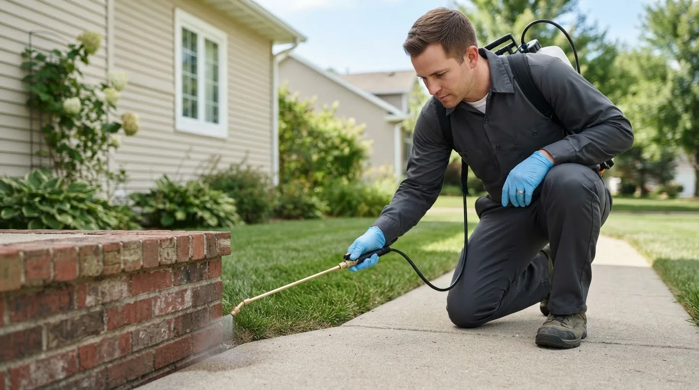 Pest control technician treating a home near Plumville, PA