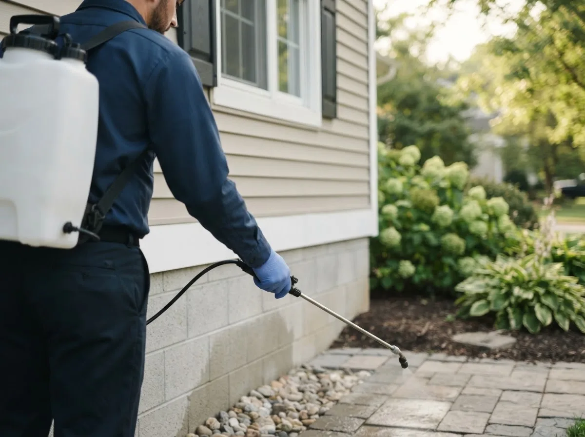 Pest control technician inspecting a home in Plumville, PA